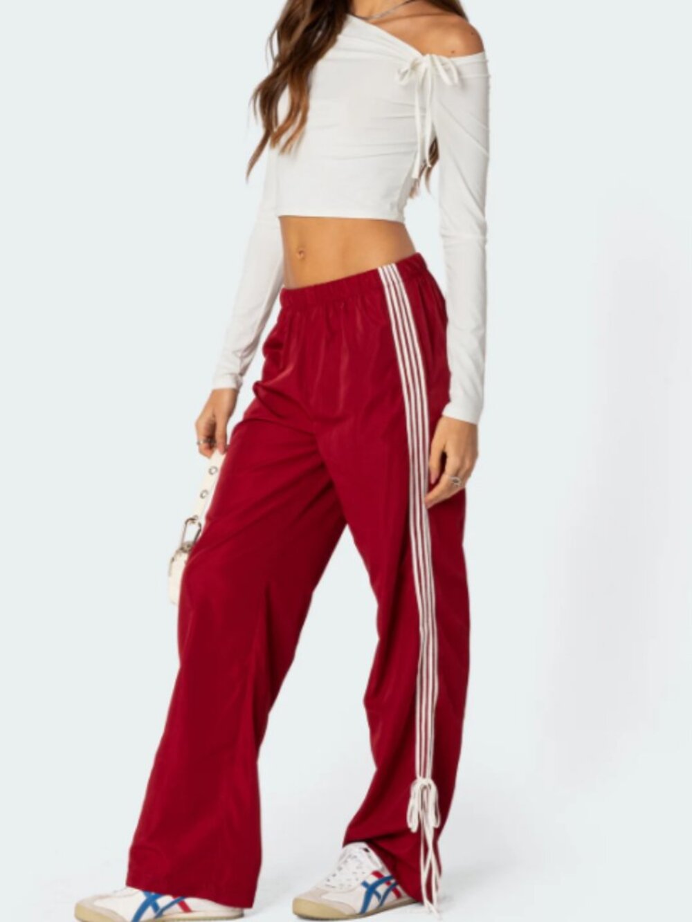 Red Wide Leg Track Pants with White Stripes and Ties